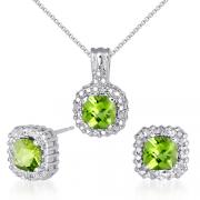 Celebrity Inspired 3.50 carats Cushion Checkerboard Cut Peridot Pendant Earrings Set in Sterling Silver