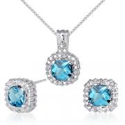 Celebrity Inspired 3.75 carats Cushion Checkerboard Cut London Blue Topaz Pendant Earrings Set in Sterling Silver