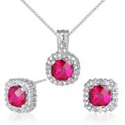 Celebrity Inspired 4.50 carats Cushion Checkerboard Cut Created Ruby Pendant Earrings Set in Sterling Silver