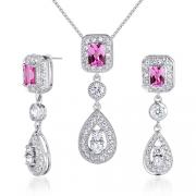 Dazzling 2.75 carats Radiant Cut Created Pink Sapphire Pendant Earrings Set in Sterling Silver