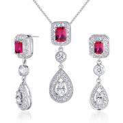 Dazzling 2.75 carats Radiant Cut Created Ruby Pendant Earrings Set in Sterling Silver