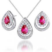 Classic Beauty 3.50 carats Pear Checkerboard Shape Created Ruby Pendant Earrings Set in Sterling Silver