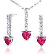 Debonair Style 3.75 carats Heart Shape Created Ruby Pendant Earrings Set in Sterling Silver