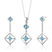 Sterling Silver 2.50 carats total weight Multishape Swiss Blue Topaz Pendant Earrings Set
