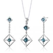 Sterling Silver 2.50 carats total weight Multishape London Blue Topaz Pendant Earrings Set