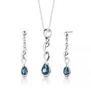 Sterling Silver 1.75 carats total weight Pear Shape London Blue Topaz Pendant Earrings Set