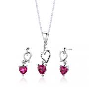 Sterling Silver Heart Shape Ruby Pendant Earrings Set