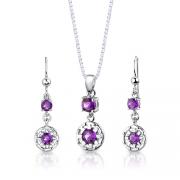 Sterling Silver 2.00 carats total weight Round Shape Amethyst Pendant Earrings Set