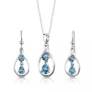 Sterling Silver 3.00 carats total weight Multishape Swiss Blue Topaz Pendant Earrings Set