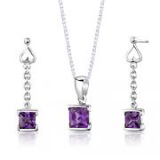 Sterling Silver 2.00 carats total weight Princess Cut Amethyst Pendant Earrings Set